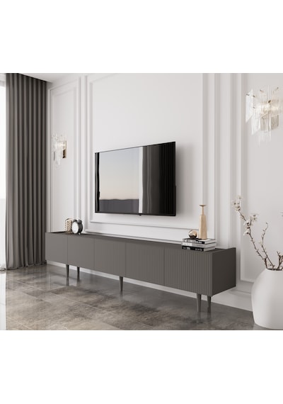 Capella Gri Mdf Country 5 Kapak Ahşap Ayaklı 200 Cm Tv Ünitesi