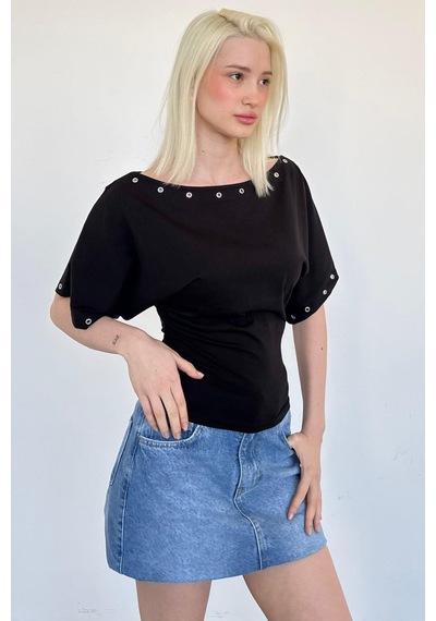 Madmext Siyah Off Shoulder Metal Detaylı Kadın Bluz Mg2671 Siyah