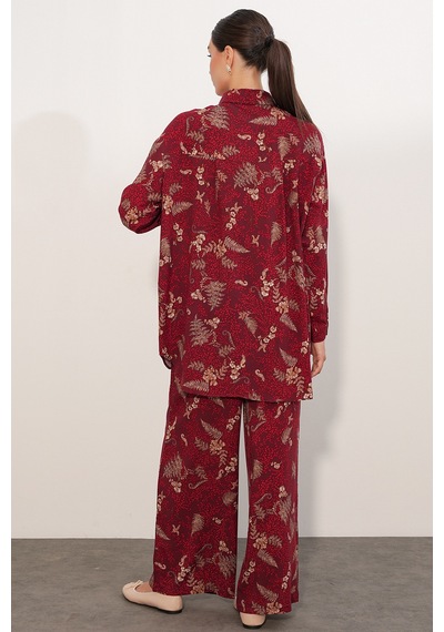 Bigdart Kadın Desenli Oversize Gömlek Pantolon İkili Takım 30098 - Bordo