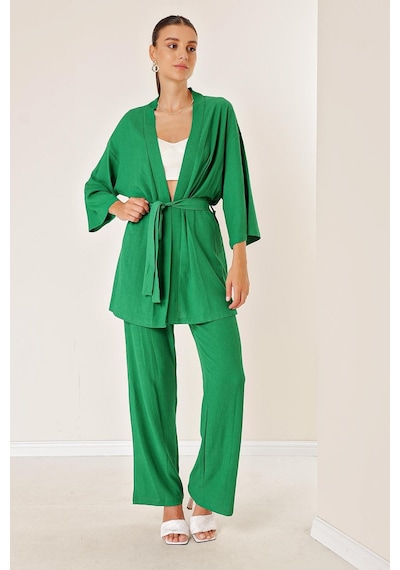 By Saygı Bürümcük Pantolonu Cepli Kimono Takım-34051 Yeşil