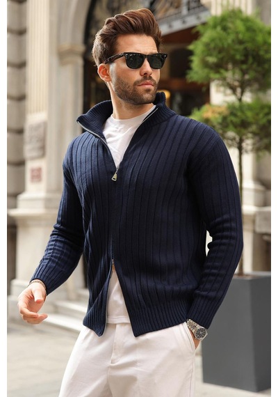 Madmext Lacivert Çift Fermuarlı Slim Fit Çizgili Erkek Triko Hırka E7522