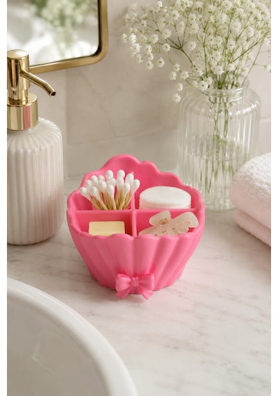 Deniz Kabuğu Fiyonklu 4 Bölmeli Mini Organizer, Makyaj Takı Kalem Takı Kutusu Masa Düzenleyici Pembe