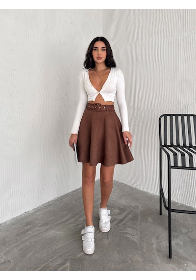 Ozy Fashion Kadın Koyu Kahverengi Midi Boy Kemerli Süet Kloş Etek Koyu Kahverengi Ozy Fashion Kadın Koyu Kahverengi Midi Boy Kemerli Süet Kloş Etek Koyu Kahverengi