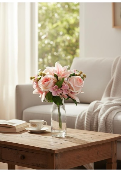 Yapay Çiçek Gelin Çiçeği Buketi Pembe Açık Gül Lilyum Ve Aradal Çiçekleri 40 25cm Pembe