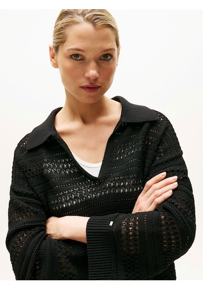Tommy Hilfiger Crochet Rlx Ls Polo Swt Kadın Siyah Kazak - Ww0ww46524 Siyah