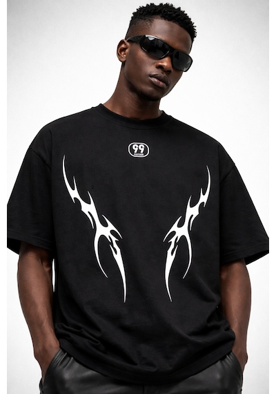 Yolo Street Oversize Unisex Tişört %100 Pamuk Tribal Baskı Streetwear Siyah/beyaz Siyahgokce