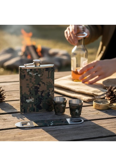 Kamuflaj Kaplamalı Paslanmaz Çelik İçki Matarası Bardak & Açacak Seti 8 Oz 240 Ml Kamp Outdoor Boy Yeşil