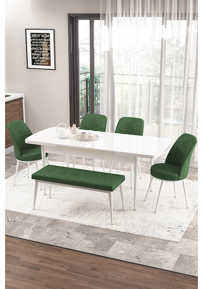 Canisa Concept Zen Serisi 80x132 Mdf Açılabilir Beyaz Masa Takımı 4 Haki Yeşil Sandalye Ve 1 Bench Masa Beyaz Sandalye Ve Bench Haki Yeşil