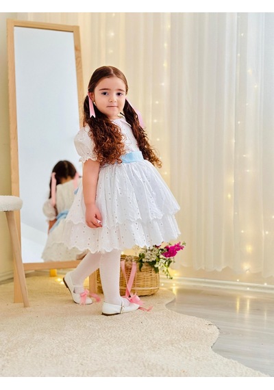 Beyaz Mavi Kemerli Vintage Elbise, Özel Dikim Çocuk Elbisesi, Doğum Günü Elbisesi,0-12 Yaşa Uygun Beyaz