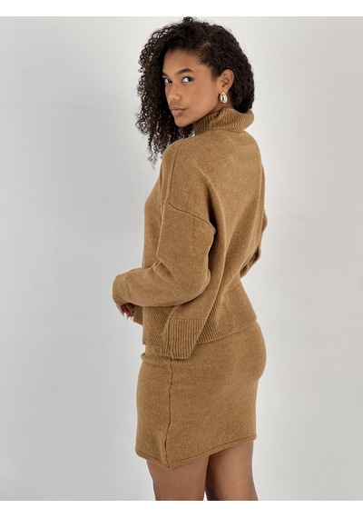 Miss Poem Düşük Omuz Boğazlı Kazak Mini Etek Camel Takım Camel