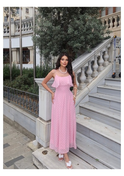 Kechi Woman Şifon Astarlı Puantiyeli Askılı Elbise Pembe