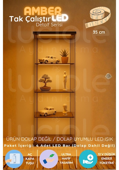 Led Bar Aydınlatma Seti 4 Lü 35cm Amber Işık Şeffaf Kablo Tak Çalıştır Anahtarlı