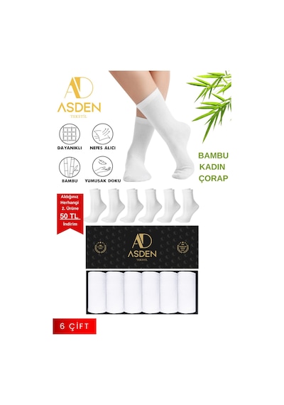 Asden Bambu Kadın Soket Çorap Beyaz Premium 6'lı Kutu, Burun Dikişsiz, Soft Yıkamalı Beyaz 6 Çift