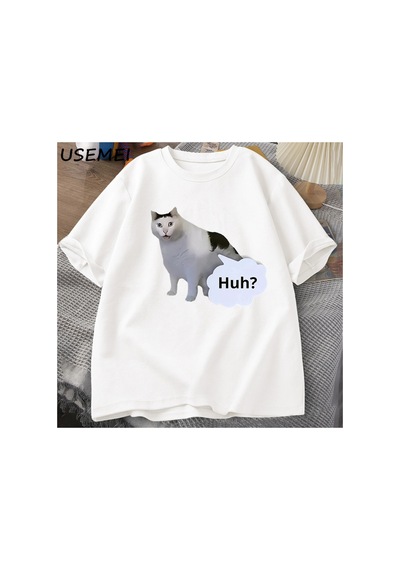 Tarzsokak Huh Kedi Komik Meme T Shirt Erkek Kadın Absurd Weirdcore T-shirt Rahat Yuvarlak Boyun Pamuk K 3031 Beyaz