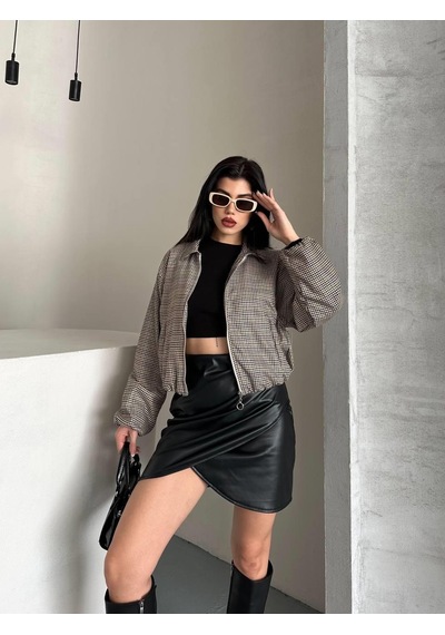 Ribana Classic Kadın Astarlı Uzun Kollu Çift Cepli Pıtıkareli Fermuarlı Kısa Bej Mont 4971 Bej