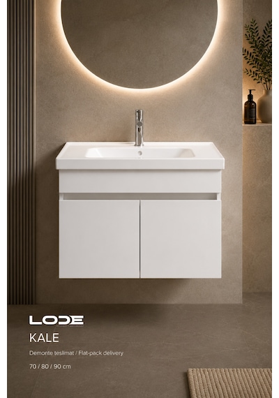 Lode Bath Kale Beyaz Demonte Lavabolu Alt Banyo Dolabı, Seramik Lavabo Dahil 70 Cm