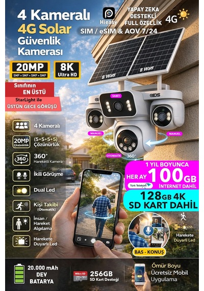 4 Kamera 20mp 360 Açı 4g Sim Kartlı Güneş Enerjili Güvenlik Kamerası 128gb Sd Kart Ve 100gb İnternet