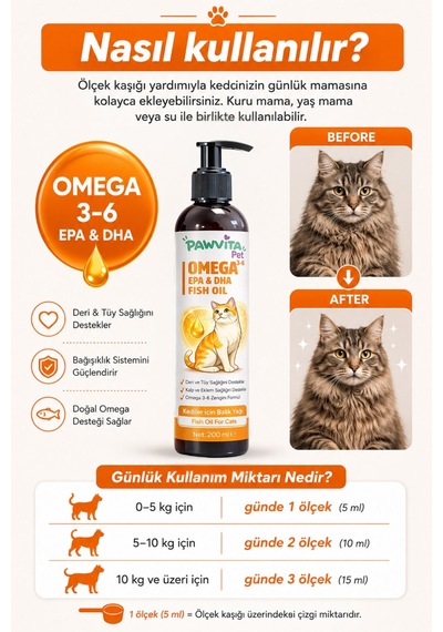 Pawvitapet Kediler Için Omega 3-6 Balık Yağı Tüy Ve Deri Bakımı Epa Dha Destekli 200 ML