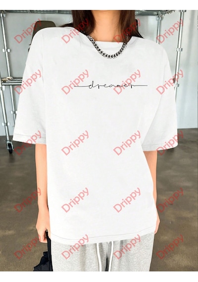 Flood Of Style Dreamer Baskılı Oversize Bisiklet Yaka Tshirt Beyaz