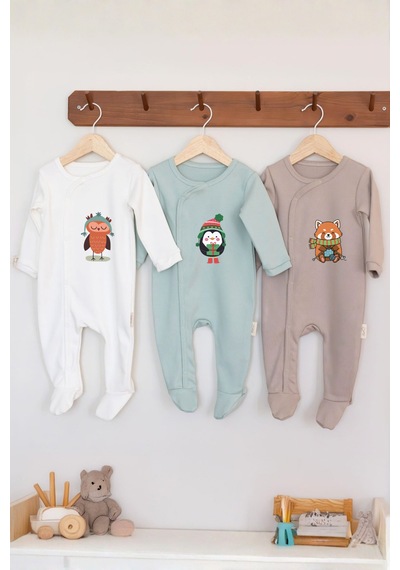Mom Cherie 3'lü Winter Baskılı Uzun Kollu Bebek %100 Pamuk Çıtçıtlı Uyku Tulumu Çok Renkli
