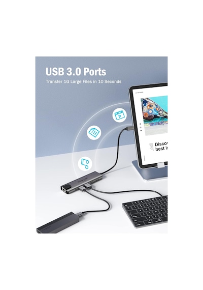 Lemorele Tc44 6 İn 1 Usb Type-c Hub Çoklayıcı, 4k 60hz Hdmı, Gigabit Ethernet, 100w Pd Şarj 2x Usb Çoğaltıcı