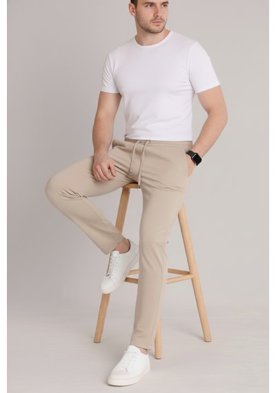 Bürke Erkek Bej Beli Lastikli Bağcıklı Duble Paça Jogger Pantolon