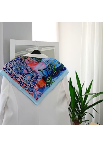 Lente Aksesuar Kadın Çok Renkli Sanatsal Çizgili Premium Kalite İpek Saten Fular 55x55cm Mavi - Pembe