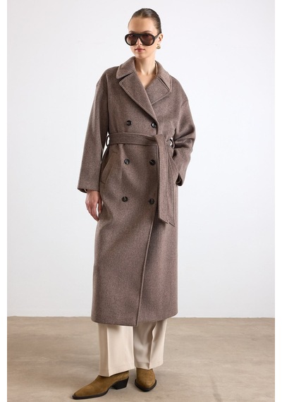 Olcay Oversize Düşük Kol Kruvaze Kaban Latte 3173 Krem