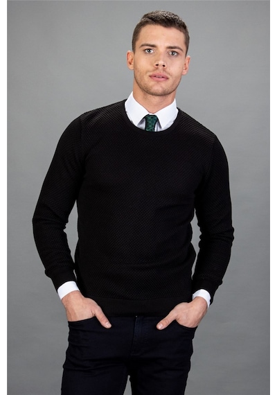 Tudors Slim Fit Dar Kesim Bisiklet Yaka Petek Desenli Erkek Kazak-1959 Siyah