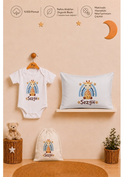 Pia Baby İsimli Erkek Bebek Hediye Seti %100 Pamuk Organik Baskılı Body Yastık Kılıfı Ve Ham Bez Bebek Kıyafet Kesesi 1103byk6x Ekru