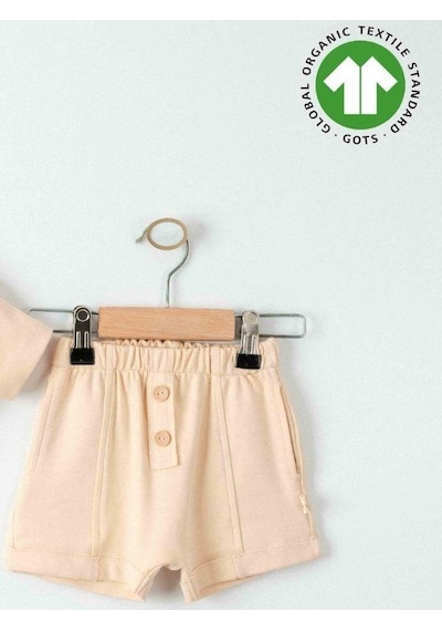Zekids Bebek Organik Pamuklu Basic Kapüşonlu Tshirt Şortlu Takım-15908 Bej