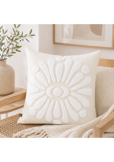 Flora 43x43 Cm Dekoratif Kırlent Kılıfı Kabartmalı Çiçek Desenli Modern Koltuk Yastık Kılıfı Krem