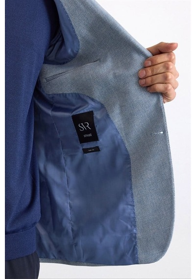 Süvari Saks Mavi Slim Mono Yaka Torba Cep 6 Drop Klasik Ceket Ct2021600434-m05