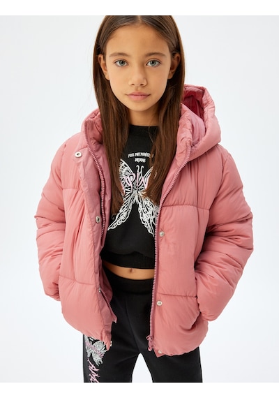 Koton Kapşonlu Şişme Mont Fermuarlı Cep Detaylı Pembe 5wkg20036aw Pembe
