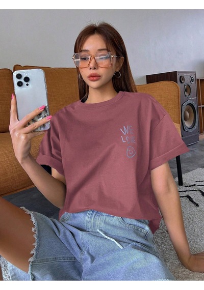 Noıssey Karikatür Ve Grafik Tasarım Oversize T-shirt Cartoon/letter Serisi Kod230 Kırmızı