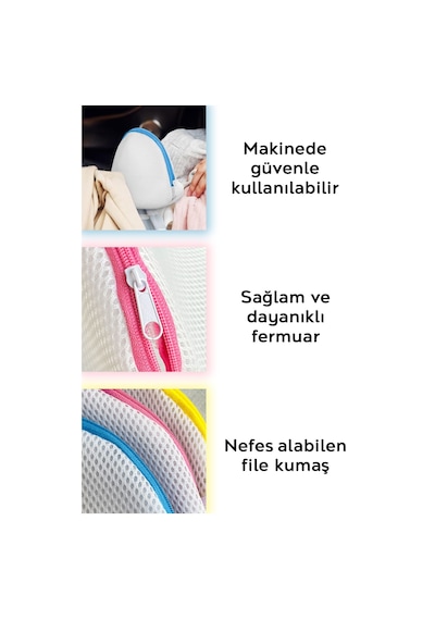 3'lü Fermuarlı Sütyen Yıkama Filesi - Renkli Fermuarlı İç Çamaşırı Yıkama Aparatı Beyaz