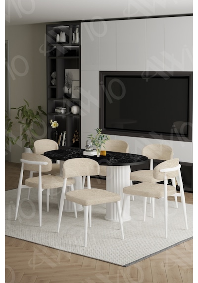 Avvio Bohem Ayak Beyaz Polo Sandalye 80x160 Mutfak Masa Sandalye Takımı Siyah Mermer Avvio Bohem Ayak Beyaz Polo Sandalye 80x160 Mutfak Masa Sandalye Takımı Siyah Mermer