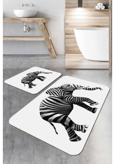 Ekru Fil Desen Banyo Halısı Klozet Takımı Paspas Seti Bs223n11
