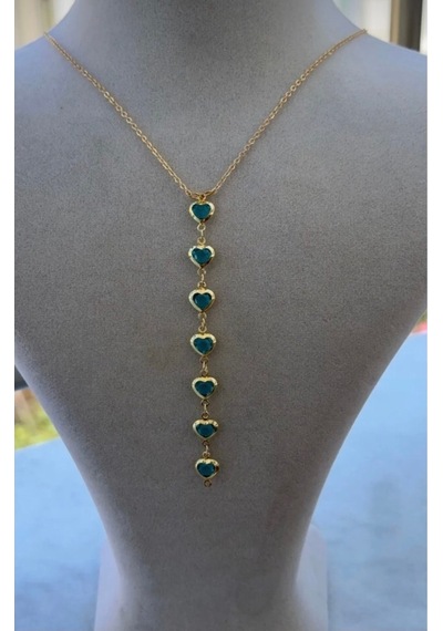 Kadın Gold Renk Zirkon Taşlı Kalpli Y Model Kolye 45 Cm Mavi