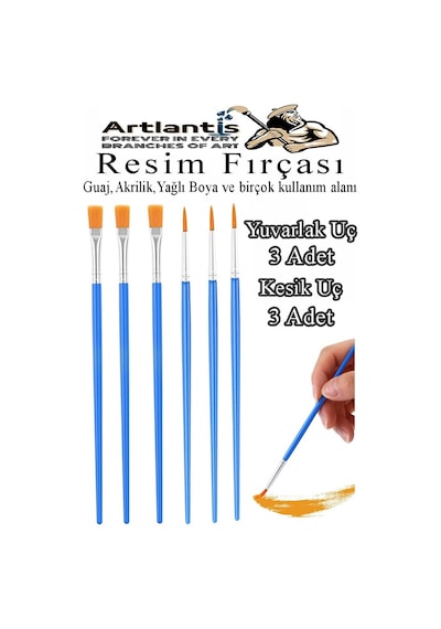 Resim Fırçası Kesik Ve Yuvarlak Uçlu 6 Adet Sentetik Fırça Ekonomik Suluboya Akrilik Boya Guaj Boya Yağlı Boya Resim