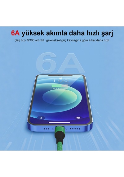 3 Lü 1.2m 6a 66w Hızlı Şarj Kablosu 300% Daha Hızlı 6 Çipli 2000+ Bükülme Testli 1.2M 3ın1