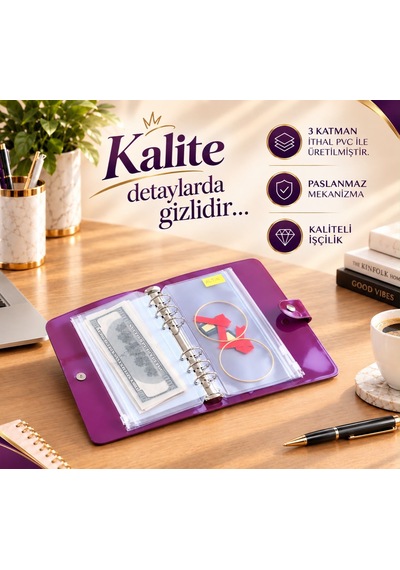 Birikim Ajandası - Birikim Cüzdanı Bütçe Planlayıcı Ajanda Şeffaf Mor Mekanizmalı 5 Adet Fermuarlı Dosya Birikim Kartı Hediyeli Şeffaf - Mor