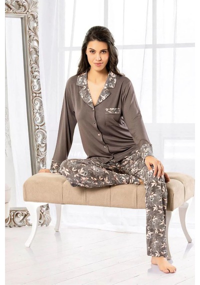 Faal 8603 Kadın Uzun Kollu Önden Düğmeli Pijama Takımı-kahve Kahve
