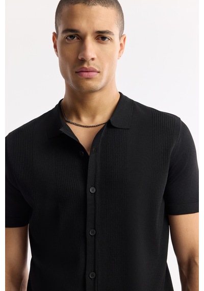 Avva Erkek Siyah Polo Yaka Düğmeli Fitilli Rayon Triko Regular Fit T-shirt A51y5001