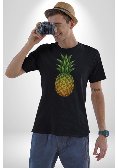 Ananas Meyve Unisex Unisex Siyah Organik Baskılı T-shirt Penye Yüksek Kalite Siyah