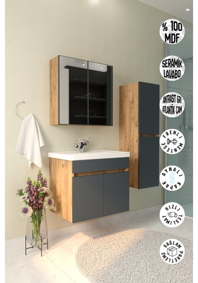 Tokyo 65 Cm Havlu Dolaplı Aynalı Banyo Dolabı Takımı Seramik Lavabolu Mdf Gövde Antrasit Gri - Atlantik Çam Tokyo 65 Cm Havlu Dolaplı Aynalı Banyo Dolabı Takımı Seramik Lavabolu Mdf Gövde Antrasit Gri - Atlantik Çam