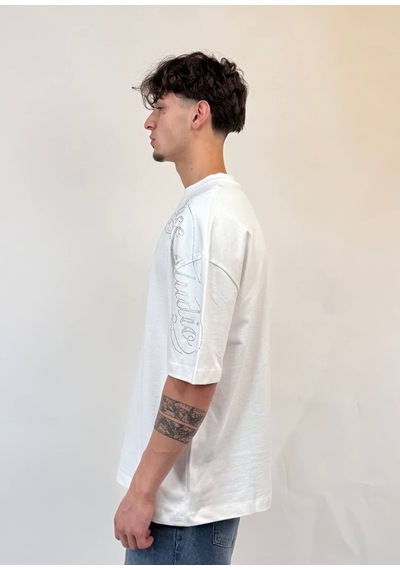 Zaee Script Taş İşlemeli Oversize Tişört Beyaz
