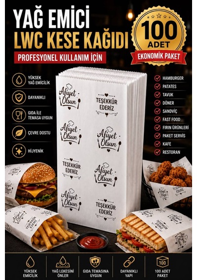 100 Adet Baskılı Servis Kesesi 15x20x8 Cm - Tost Poğaça Simit Sandviç Sunum Kağıdı - Fast Food Paket Servis Kılıfı