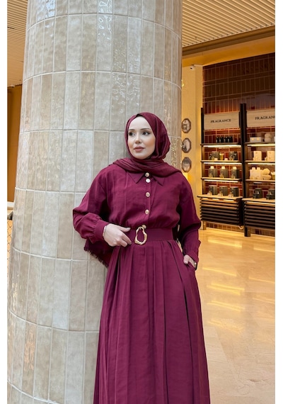 Riella Butik Liora Kemer Detaylı Tesettür Elbise Kırmızı