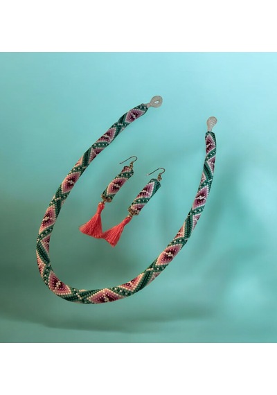 Pembe Yeşil Desenli El Yapımı Cam Boncuk Kolye Ve Küpe Seti Beyaz - Pembe